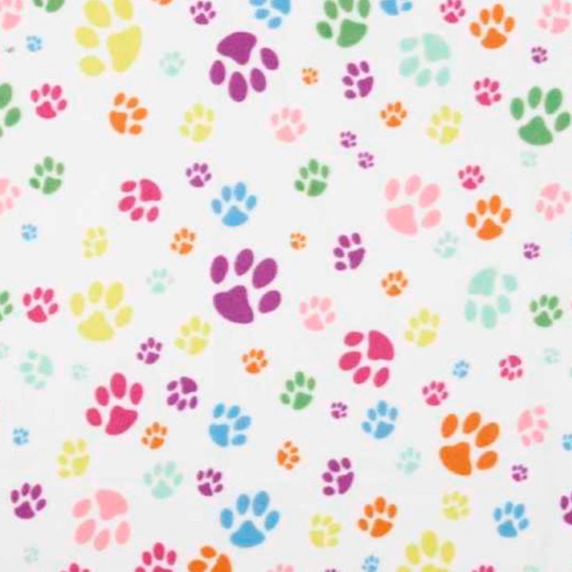 White Polar Fleece Fabric with coloured paws