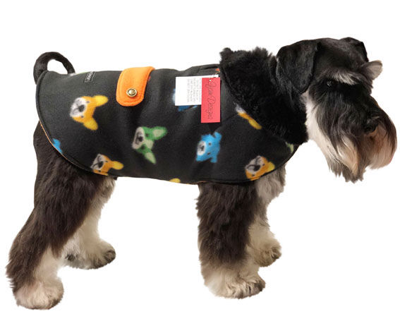 Mini Schnauzer in black Polar fleece with dog face print dog coat