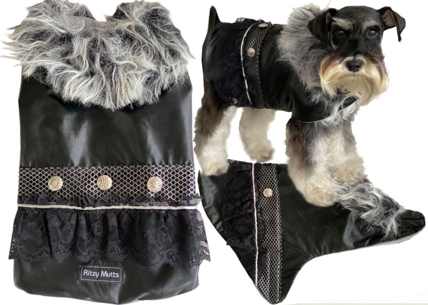 Port in black & silver leather trim dog coat