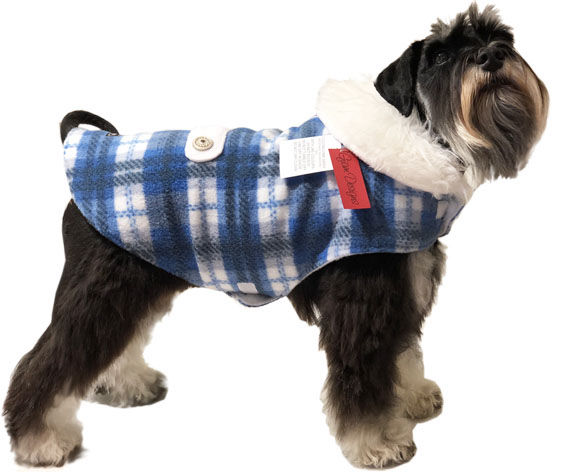 Mini Schnauzer In Blue & White Plaid Polar Fleece Dog Coat